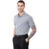 A short sleeve polo shirt in grey, featuring a collar and a logo, worn by a man with a tattoo.
