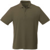 A khaki short sleeve polo shirt for men with a collar and three-button placket, featuring a logo.