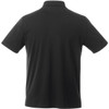 A black short sleeve polo shirt featuring a collar and a logo on the back.