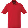 A red men's short sleeve polo shirt featuring a collar and buttons, with a logo on the chest.