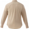 A beige long sleeve button-up shirt with a curved hem and buttoned cuffs, featuring a logo on the back.