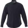 A men's long sleeve button-up shirt in dark grey with a chest pocket and a logo.