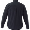 A black long sleeve button-up shirt for men, featuring a simple design and a back pleat. Includes branding.