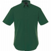 A green short sleeve button-up shirt with a collar and chest pocket. It features a logo on the collar area.