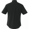A black men's short sleeve button-up shirt with a pointed collar and no visible embellishments.