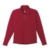 A red knit quarter zip jumper for men, featuring long sleeves and a partial zip front. Includes a logo.