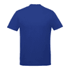A blue short sleeve t-shirt for men with a plain back. It features a logo on the back.