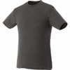 A grey short sleeve t-shirt for men, featuring a classic crew neck design and a logo on the chest.