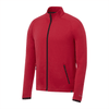 A red knit jacket with a zip front, featuring side pockets and a collar, also has a branding logo.