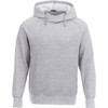 A grey hoodie with a pouch pocket and a hood, featuring a branding logo.