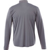 A men's quarter zip jacket in grey, featuring long sleeves and a collar, with a logo on the back.