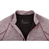 A knitted half zip jumper featuring a marled design in shades of grey and burgundy, with a logo at the neckline.