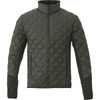 A men's hybrid insulated jacket in dark green with a quilted pattern and zip closure, featuring a logo on the design.
