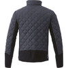 A black insulated jacket featuring a quilted design and contrasting sleeves, complete with a logo.