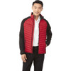 A men's hybrid insulated jacket featuring red and black colours, with a stand-up collar and zippered pockets.