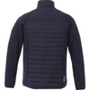 A men's jacket in navy blue, featuring a hybrid design with insulated panels and a logo on the sleeve.