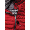 A red puffer jacket featuring a zippered front and internal lining, with a small logo near the zipper.