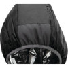 A black puffer jacket hood featuring a shiny interior lining and an elasticated opening. It has a logo.