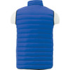 A blue padded men's vest with a high neck, featuring a logo on the back.
