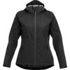 A women's softshell jacket in black with a hood and zippered pockets, featuring a logo on the chest.