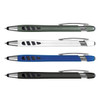 Four plastic pens in dark green, white, blue, and charcoal grey, each featuring a silver clip and a branding logo.