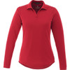 A red women's long sleeve polo shirt with a collar. Features a logo on the chest.