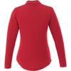 A red women's long sleeve polo shirt, featuring a classic collar and a back view design. Includes a logo.