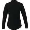 A women's long sleeve polo shirt in black, featuring a collar and a fitted design. Includes a logo on the garment.