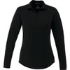 A long sleeve polo shirt for women in black, featuring a collar and branding. Ideal for casual or professional wear.