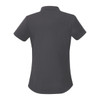 A women's short sleeve polo shirt in dark grey with a collar and a logo on the front.