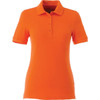 An orange short sleeve polo shirt for women, featuring a classic collar and a branded logo.