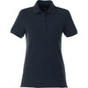 A women's short-sleeve polo shirt in dark navy, featuring a collar and button-up front, with a logo.