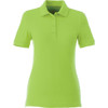 A women's short sleeve polo shirt in bright green with a collar and logo details.