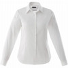 A white button-up long sleeve shirt for women, featuring a collar and a branded logo.