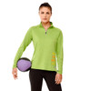 A green women's quarter zip jumper with a fitted design, featuring a branding logo and styled with black leggings.