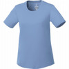 A light blue women's short sleeve tech tee with a round neckline and a logo on the inside label.