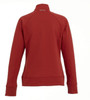 A red women's knit jacket with a high collar and long sleeves, featuring a logo on the back.