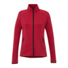 A red eco knit jacket for women featuring zip pockets and a high collar, with a black zip and logo.