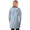 A women's hooded jumper in blue, featuring a logo on the back and a long fit.