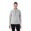 A grey women's knitted jumper features a half zip design and a fitted silhouette, with a logo on the garment.