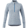 A women's knitted jumper in light blue, featuring a half zip and long sleeves. Designed with a logo.