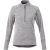 A grey women's knitted half zip jumper with long sleeves and a high collar, featuring a zippered front.