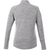 A grey knitted jumper featuring a half zip, with long sleeves and a curved hem. Brand logo is present on the garment.