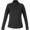 A black women's half zip knitted jumper with long sleeves and a high collar, featuring a small logo.