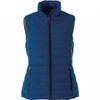 A blue insulated vest for women, featuring a zip front and side pockets, with a logo on the chest.