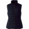 A navy insulated vest for women featuring a zip front, high collar, and two zipped pockets. It has a logo detail.