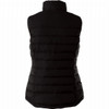 A black insulated vest for women, featuring a quilted design and a high collar, with a logo on the back.