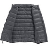 A grey women's insulated vest with an open front, featuring quilted panels and pockets. It has a logo on the interior.