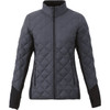 A women's jacket in dark grey with a quilted design, featuring a high collar and zippered pockets.