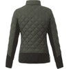 A women's insulated jacket in dark green with a quilted design and black sleeves, featuring a logo on the back.